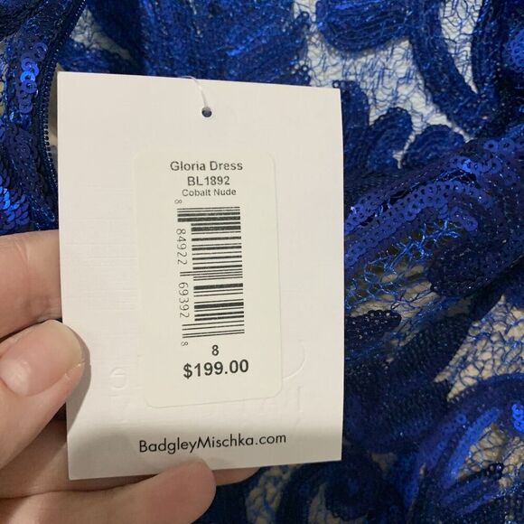 Belle Badgley Mischka | Dress Gloria Blue Sequin Short Sleeve Knee Length NWT- 8 - Picture 8 of 10